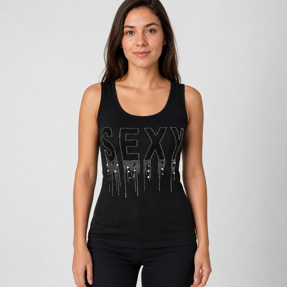 Aronia Black Rhinestone Pearl Sexy Tank Top Women's Small‎ Y2K Clubwear
